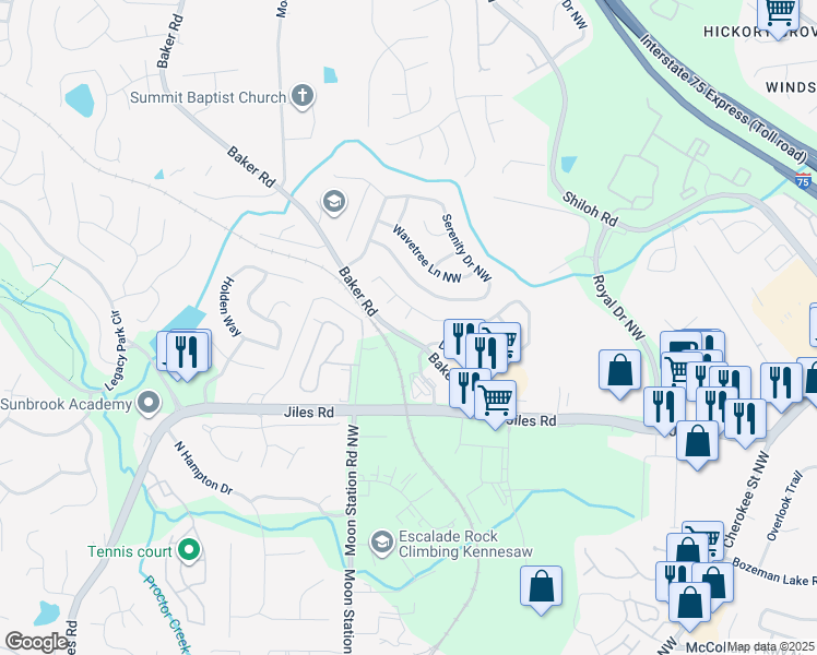 map of restaurants, bars, coffee shops, grocery stores, and more near 4087 Dresden Court Northwest in Kennesaw
