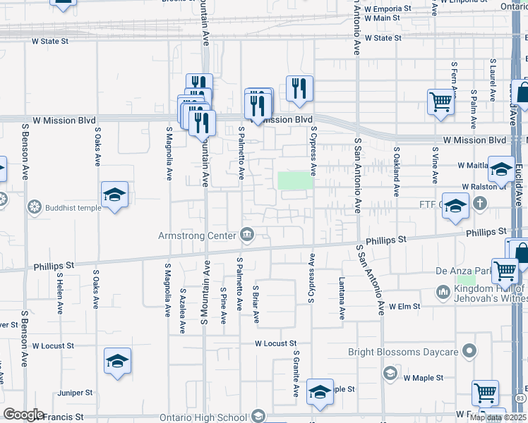 map of restaurants, bars, coffee shops, grocery stores, and more near 1228 South Cypress Avenue in Ontario