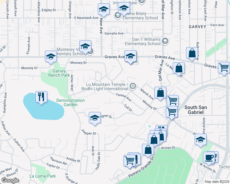 map of restaurants, bars, coffee shops, grocery stores, and more near 7356 Mooney Drive in Rosemead