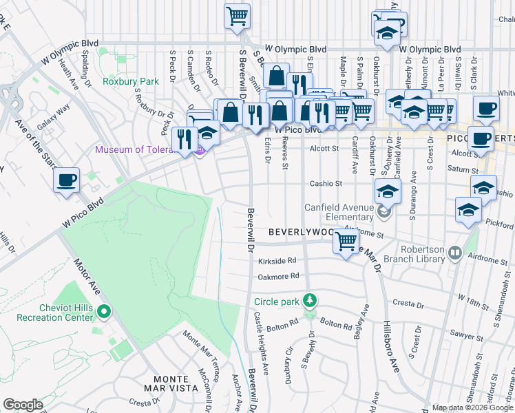 map of restaurants, bars, coffee shops, grocery stores, and more near 1536 Beverwil Drive in Los Angeles