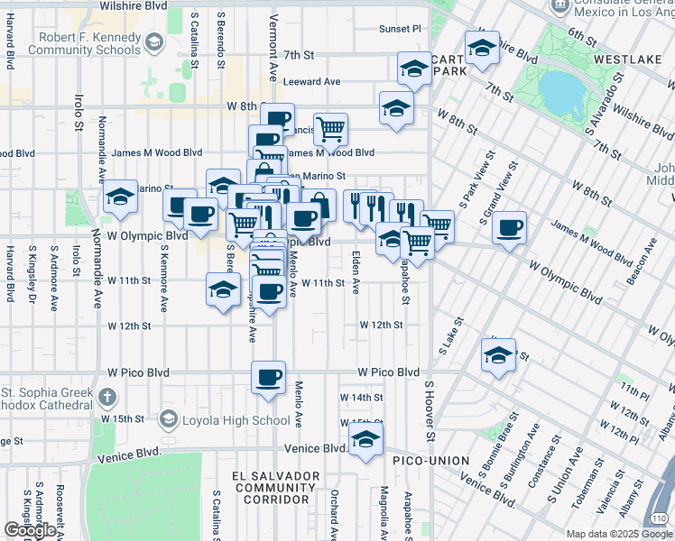 map of restaurants, bars, coffee shops, grocery stores, and more near 1034 South Westmoreland Avenue in Los Angeles