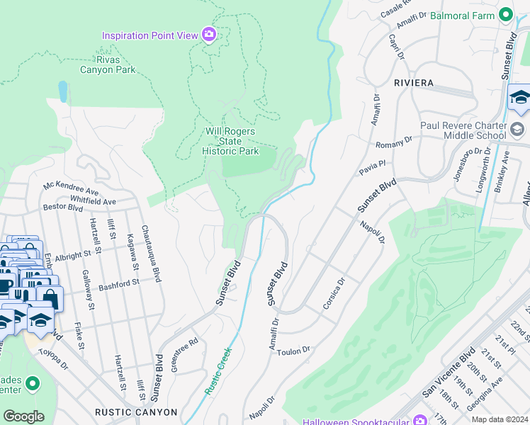 map of restaurants, bars, coffee shops, grocery stores, and more near 14203 Sunset Boulevard in Los Angeles