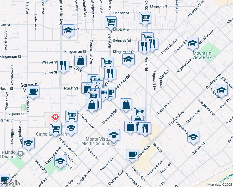 map of restaurants, bars, coffee shops, grocery stores, and more near 2038 Mountain View Road in South El Monte