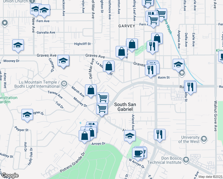 map of restaurants, bars, coffee shops, grocery stores, and more near 2034 Agnolo Drive in Rosemead