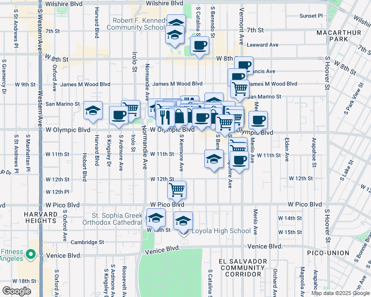 map of restaurants, bars, coffee shops, grocery stores, and more near 1046 South Kenmore Avenue in Los Angeles
