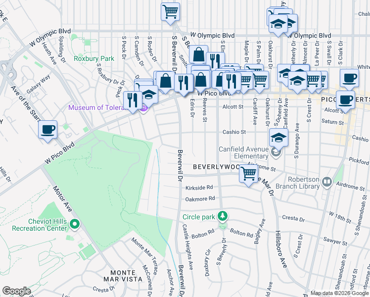 map of restaurants, bars, coffee shops, grocery stores, and more near 1536 Beverwil Drive in Los Angeles