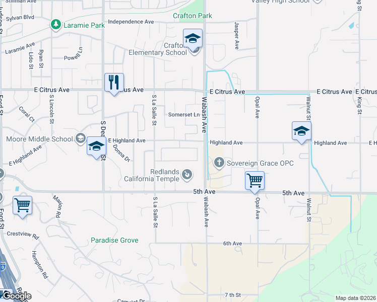 map of restaurants, bars, coffee shops, grocery stores, and more near 1745 Parkview in Redlands
