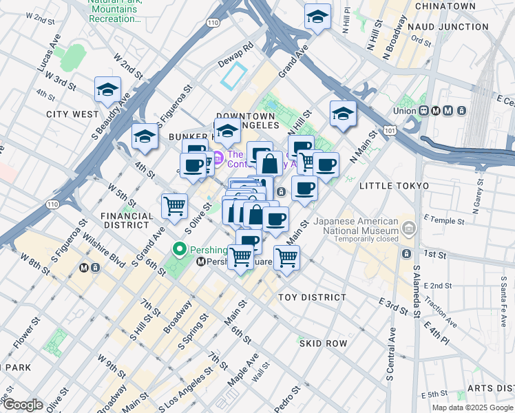 map of restaurants, bars, coffee shops, grocery stores, and more near 245 South Broadway in Los Angeles