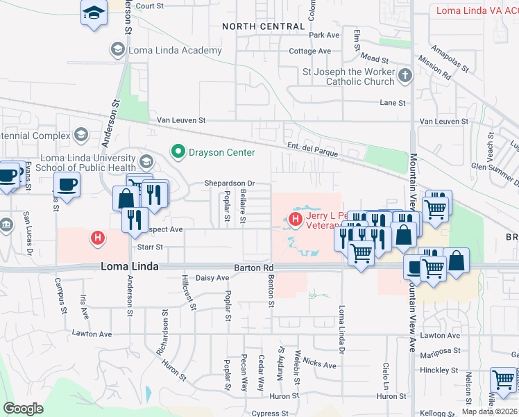 map of restaurants, bars, coffee shops, grocery stores, and more near 25251 La Mar Road in Loma Linda