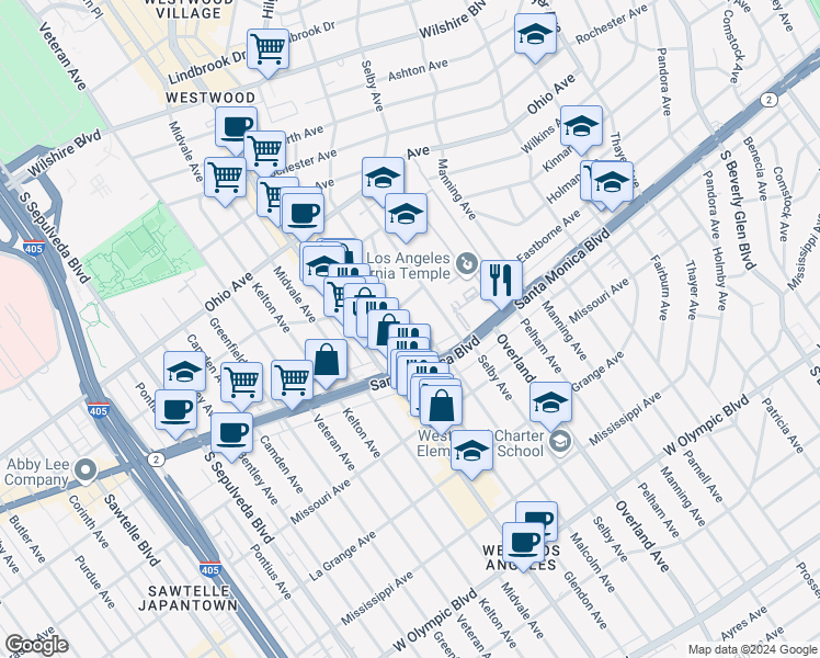 map of restaurants, bars, coffee shops, grocery stores, and more near Malcolm Avenue in Los Angeles