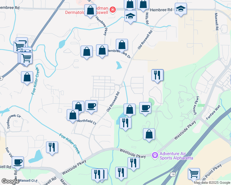 map of restaurants, bars, coffee shops, grocery stores, and more near 10200 Windalier Way in Roswell