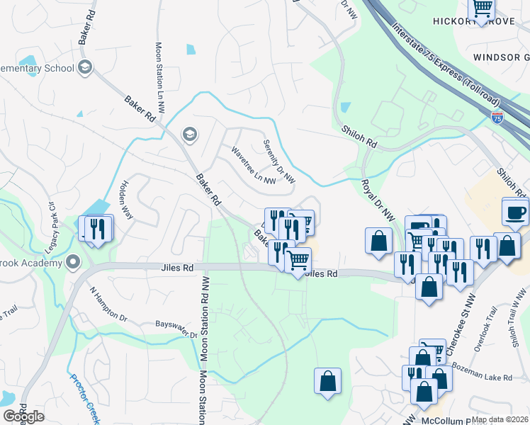 map of restaurants, bars, coffee shops, grocery stores, and more near 2241 Dresden Green in Kennesaw