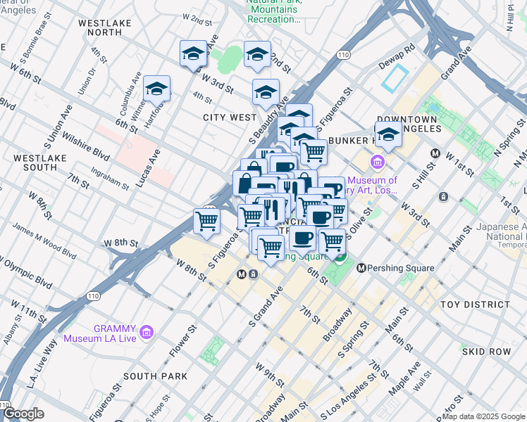 map of restaurants, bars, coffee shops, grocery stores, and more near 500 South Figueroa Street in Los Angeles