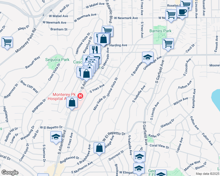 map of restaurants, bars, coffee shops, grocery stores, and more near 771 Divina Vista Street in Monterey Park