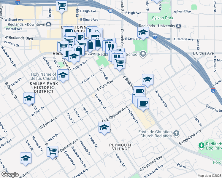 map of restaurants, bars, coffee shops, grocery stores, and more near 238 East Fern Avenue in Redlands
