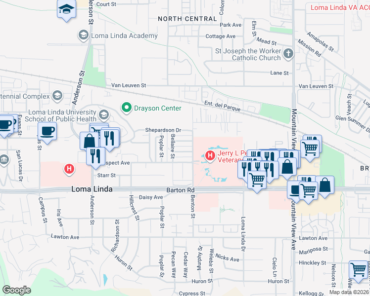 map of restaurants, bars, coffee shops, grocery stores, and more near 25251 La Mar Road in Loma Linda