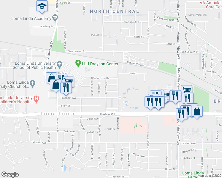 map of restaurants, bars, coffee shops, grocery stores, and more near 25251 La Mar Road in Loma Linda