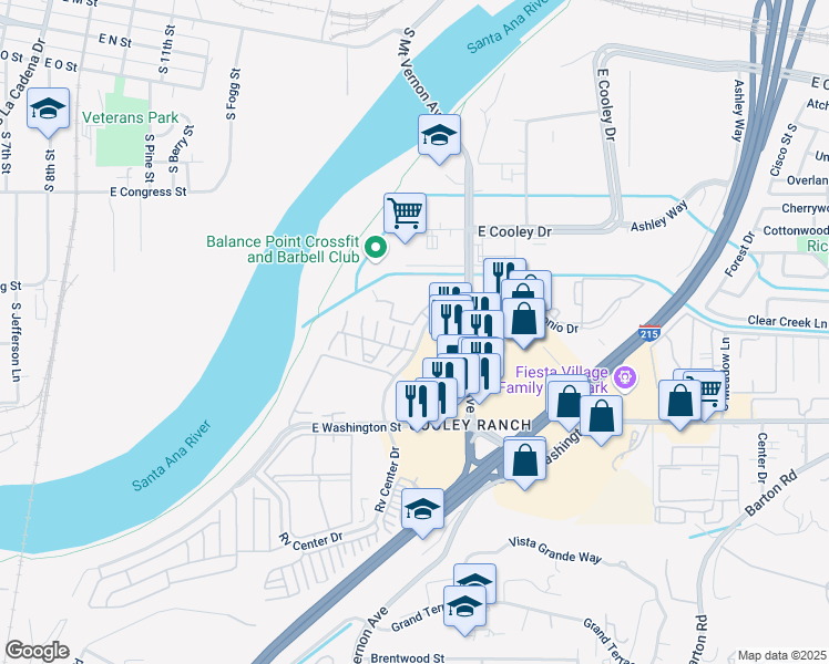 map of restaurants, bars, coffee shops, grocery stores, and more near 1077 South Santo Antonio Drive in Colton