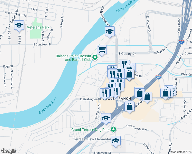 map of restaurants, bars, coffee shops, grocery stores, and more near 1077 South Santo Antonio Drive in Colton