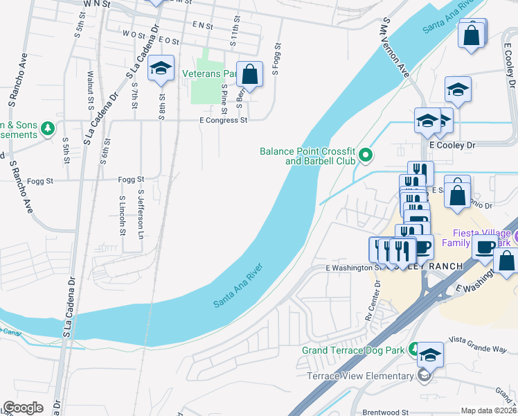 map of restaurants, bars, coffee shops, grocery stores, and more near 998 South Fernando Street in Colton