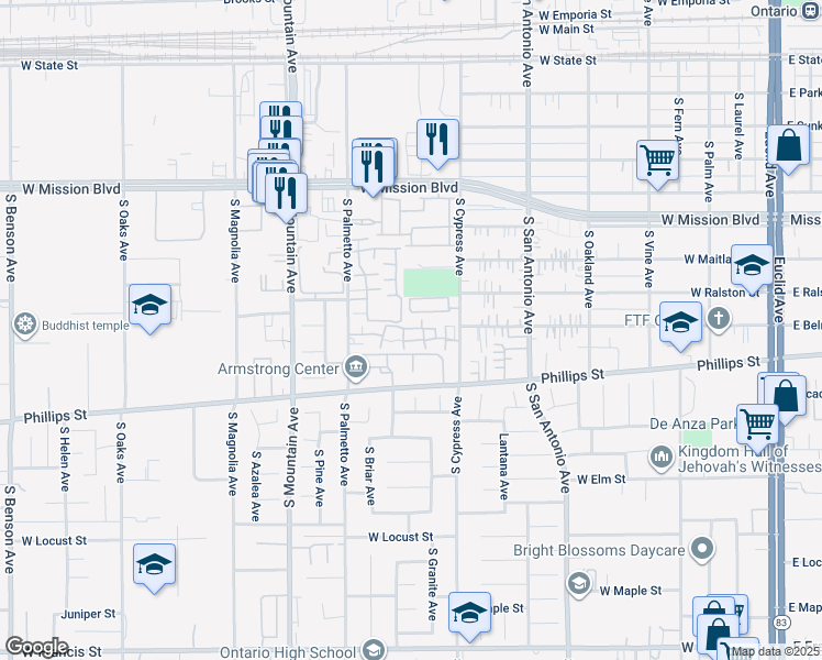 map of restaurants, bars, coffee shops, grocery stores, and more near 1220 South Cypress Avenue in Ontario