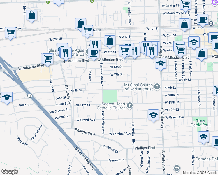 map of restaurants, bars, coffee shops, grocery stores, and more near 1257 West 9th Street in Pomona