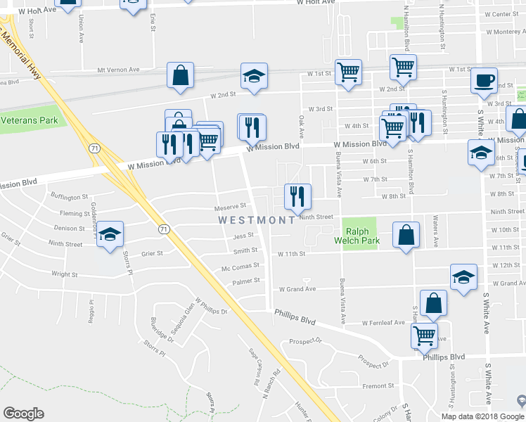 map of restaurants, bars, coffee shops, grocery stores, and more near 886 South Dudley Street in Pomona