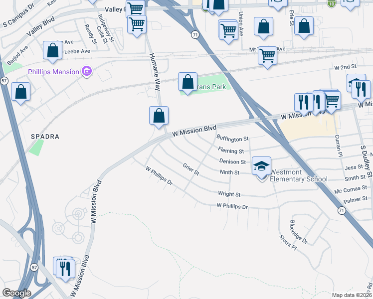 map of restaurants, bars, coffee shops, grocery stores, and more near 1956 Denison Street in Pomona