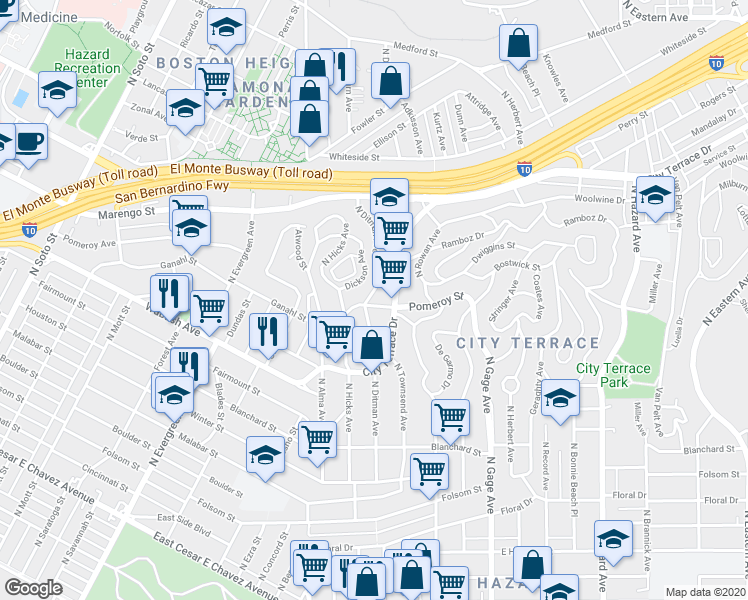 map of restaurants, bars, coffee shops, grocery stores, and more near 1172 North Ditman Avenue in Los Angeles