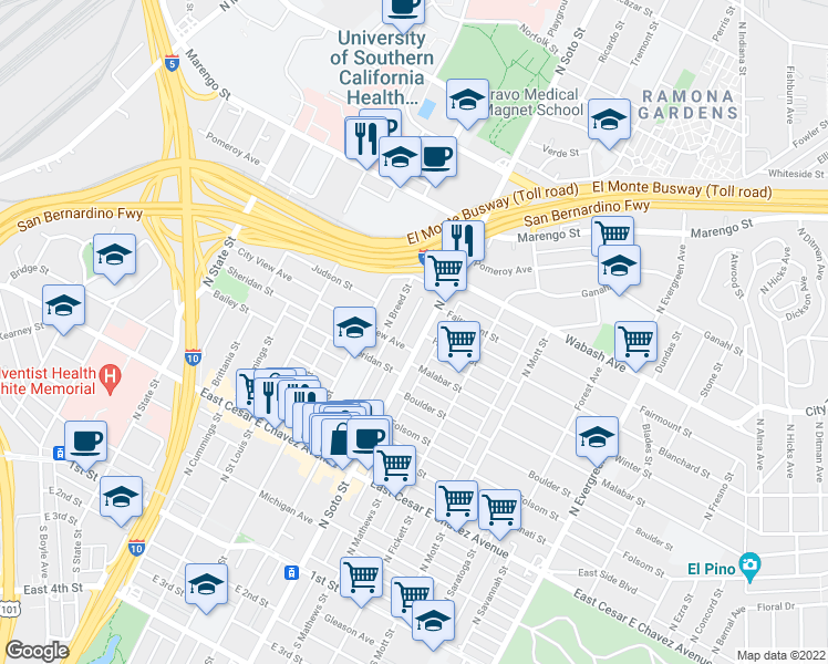 map of restaurants, bars, coffee shops, grocery stores, and more near 616 North Breed Street in Los Angeles