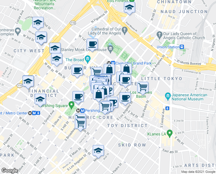 map of restaurants, bars, coffee shops, grocery stores, and more near 245 South Broadway in Los Angeles