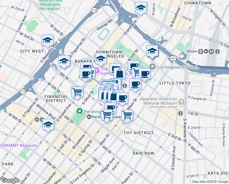 map of restaurants, bars, coffee shops, grocery stores, and more near 245 South Broadway in Los Angeles