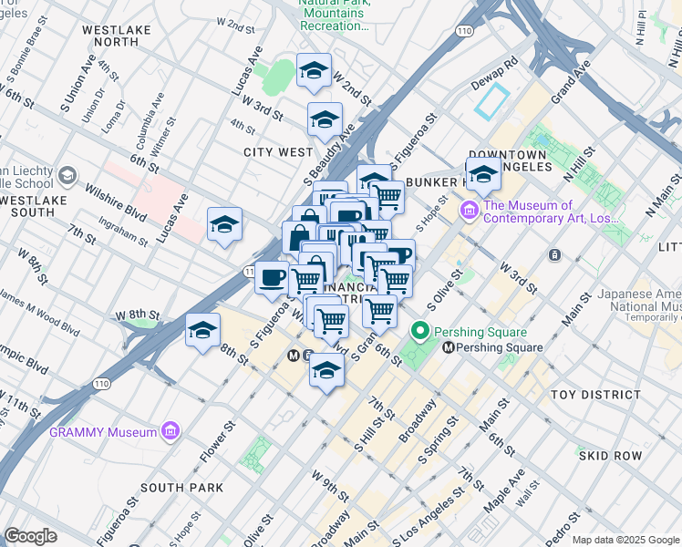 map of restaurants, bars, coffee shops, grocery stores, and more near 515 Flower Street in Los Angeles