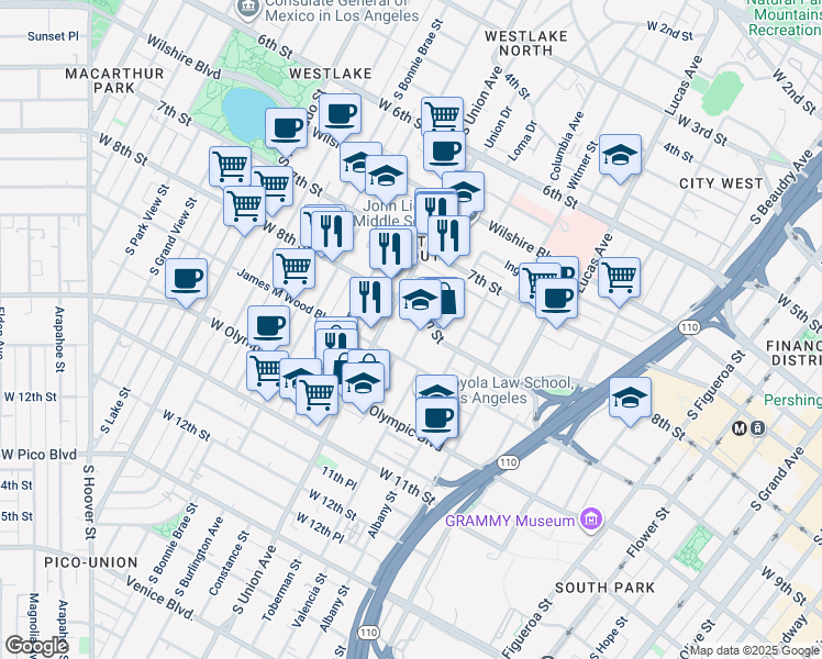 map of restaurants, bars, coffee shops, grocery stores, and more near 820 South Union Avenue in Los Angeles