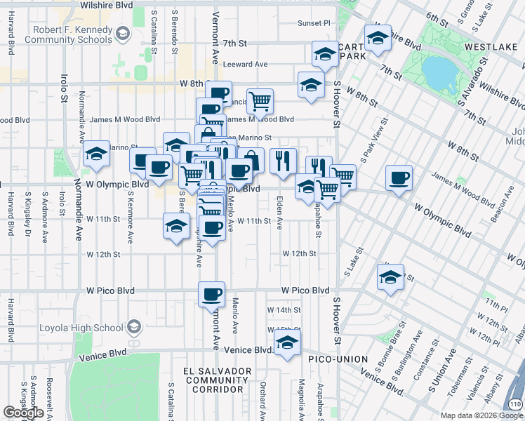 map of restaurants, bars, coffee shops, grocery stores, and more near 1034 South Westmoreland Avenue in Los Angeles