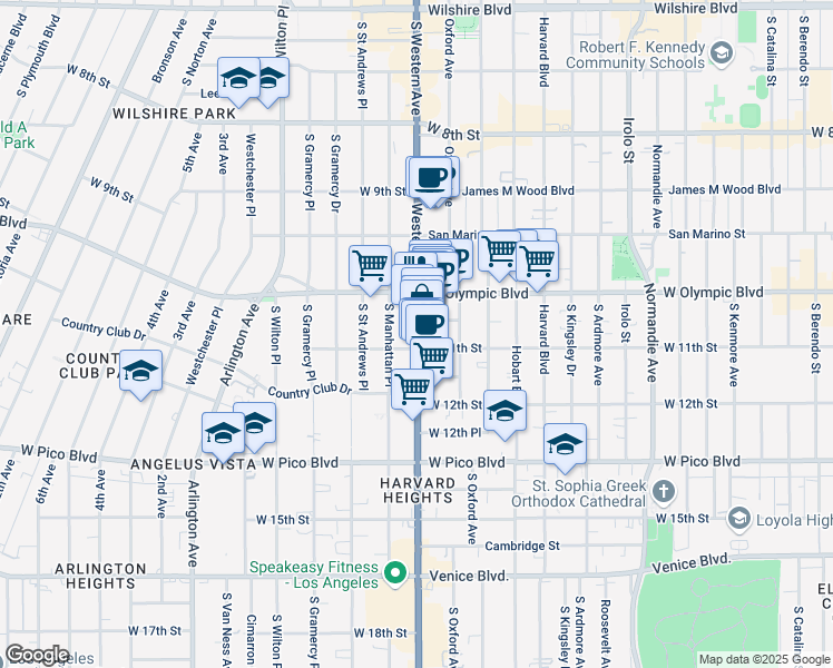 map of restaurants, bars, coffee shops, grocery stores, and more near 1041 South Western Avenue in Los Angeles