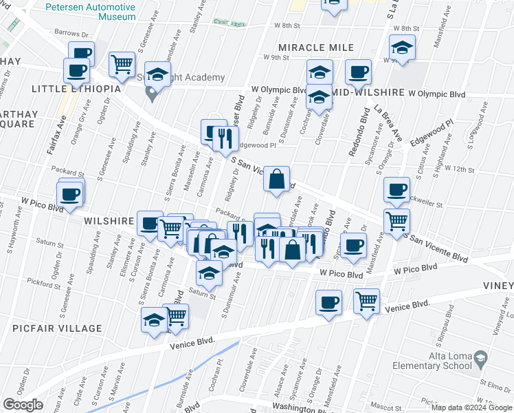 map of restaurants, bars, coffee shops, grocery stores, and more near 1262 South Burnside Avenue in Los Angeles
