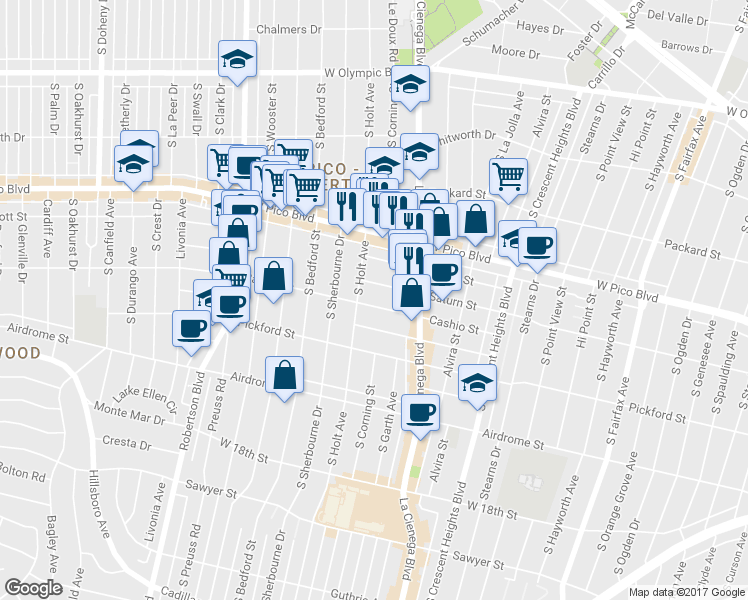 map of restaurants, bars, coffee shops, grocery stores, and more near 1482 South Holt Avenue in Los Angeles