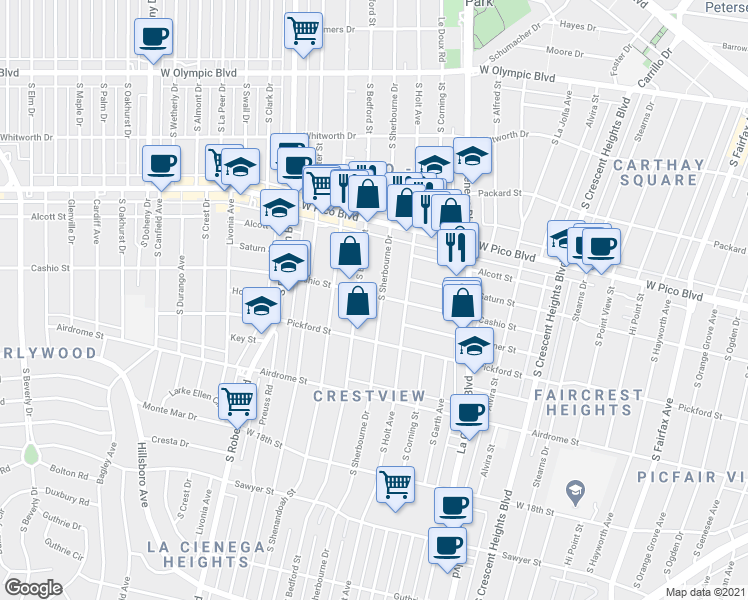 map of restaurants, bars, coffee shops, grocery stores, and more near 8635 Cashio Street in Los Angeles