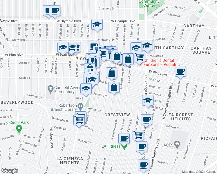 map of restaurants, bars, coffee shops, grocery stores, and more near in Los Angeles