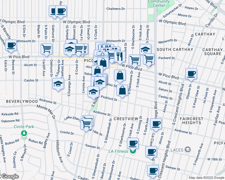 map of restaurants, bars, coffee shops, grocery stores, and more near 1518 South Robertson Boulevard in Los Angeles