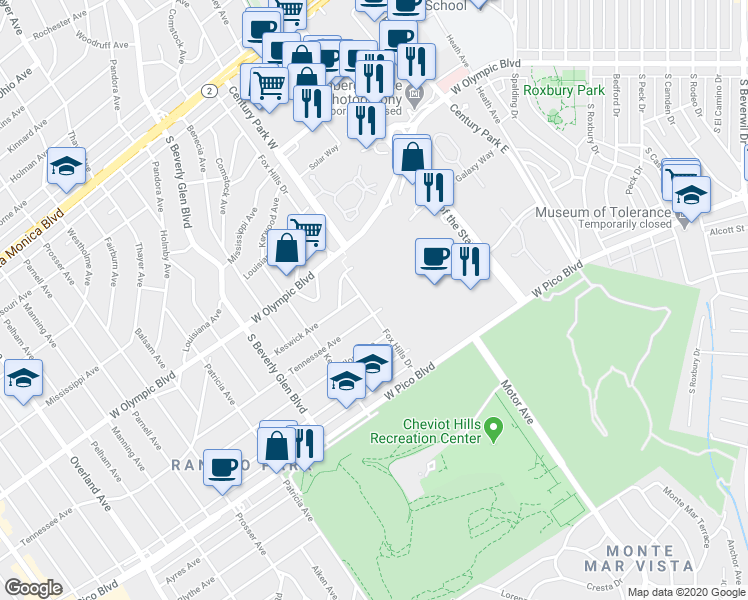 map of restaurants, bars, coffee shops, grocery stores, and more near 2272 Fox Hills Drive in Los Angeles