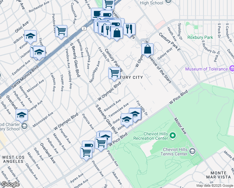 map of restaurants, bars, coffee shops, grocery stores, and more near 10355 Westwood Boulevard in Los Angeles