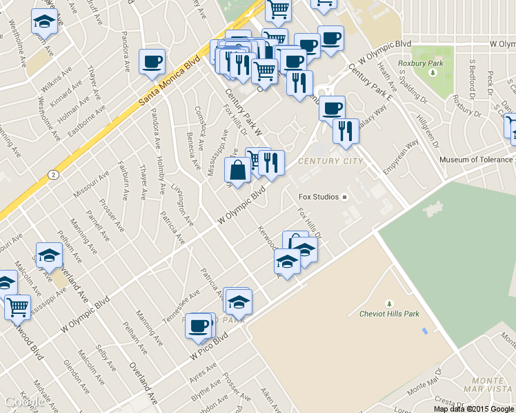 map of restaurants, bars, coffee shops, grocery stores, and more near 10355 Westwood Boulevard in Los Angeles