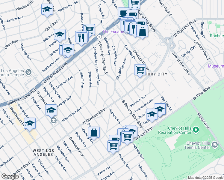 map of restaurants, bars, coffee shops, grocery stores, and more near 2139 South Beverly Glen Boulevard in Los Angeles
