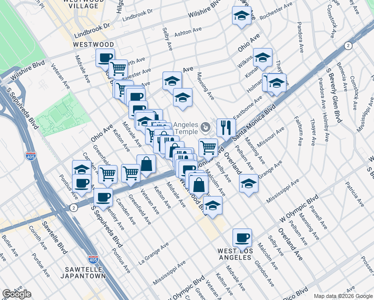 map of restaurants, bars, coffee shops, grocery stores, and more near 1738 Malcolm Avenue in Los Angeles
