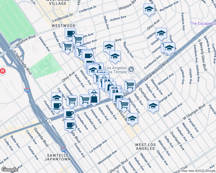 map of restaurants, bars, coffee shops, grocery stores, and more near 1730 Glendon Avenue in Los Angeles