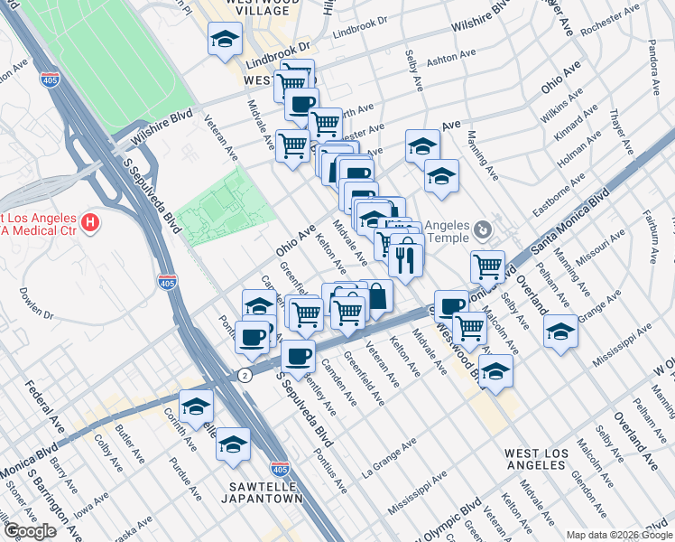 map of restaurants, bars, coffee shops, grocery stores, and more near 1565 Kelton Avenue in Los Angeles