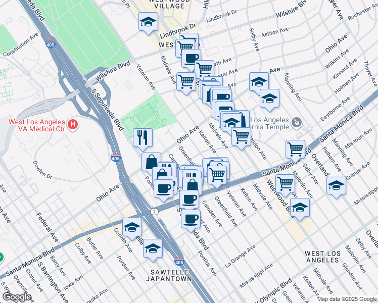 map of restaurants, bars, coffee shops, grocery stores, and more near 1527 Veteran Avenue in Los Angeles