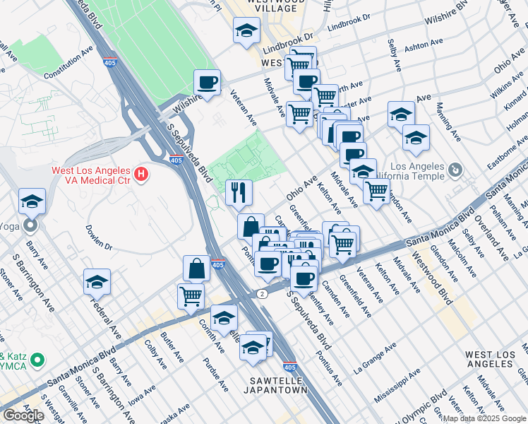 map of restaurants, bars, coffee shops, grocery stores, and more near 1422 South Bentley Avenue in Los Angeles